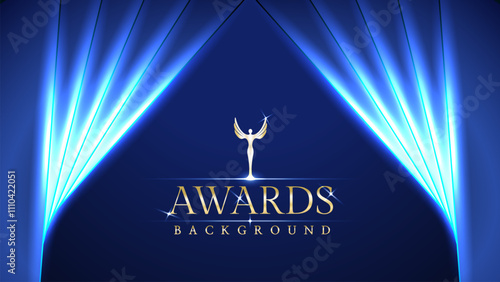 Blue awards graphic background with light neon effects with bokeh decorations. Luxury scene corporate design concept. Vector illustrations.