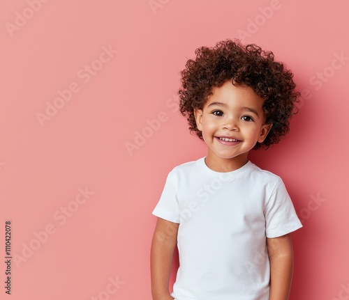 Smiling child with curly hair on pink background, wearing a white t-shirt.