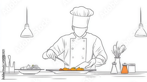 Chef Preparing Dish in Minimalist Kitchen Illustration Scene