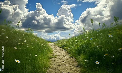 A grassy path meandering through wildflowers under a bright, cloudy sky.