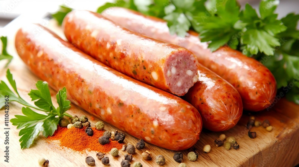 Fresh Sausages on Wooden Cutting Board with Herbs and Spices Fresh Sausages on Wooden Cutting Board with Herbs and Spices
