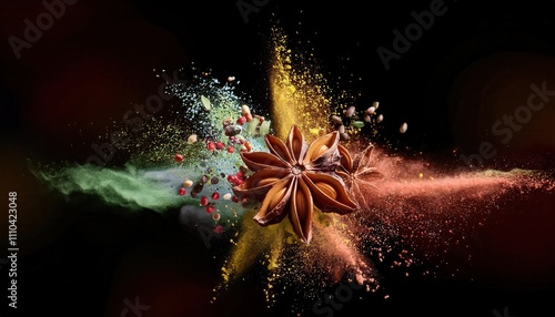 Fototapeta Naklejka Na Ścianę i Meble -  A vibrant explosion of spices and colors, showcasing star anise surrounded by a burst of colorful powder and particles against a dark background.