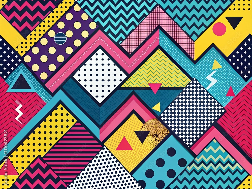 Trendy Memphis Retro Style Zigzag Shapes of the 80s and 90s in an Artistic Composition Emphasizing Bold Colors and Dynamic Patterns for a Vintage Aesthetic Trendy Memphis Retro Style Zigzag Shapes of the 80s and 90s in an Artistic Composition Emphasizing Bold Colors and Dynamic Patterns for a Vintage Aesthetic