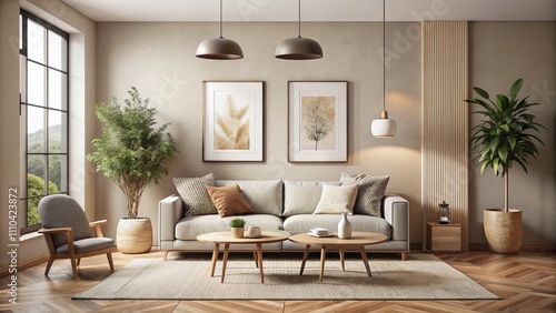 Trendy Minimalist Living Room Interior with Rounded Sofa and Poster Art Mockup Featuring Two Vertical Frames in Warm Neutral Tones - 3D Rendered Design for Modern Spaces