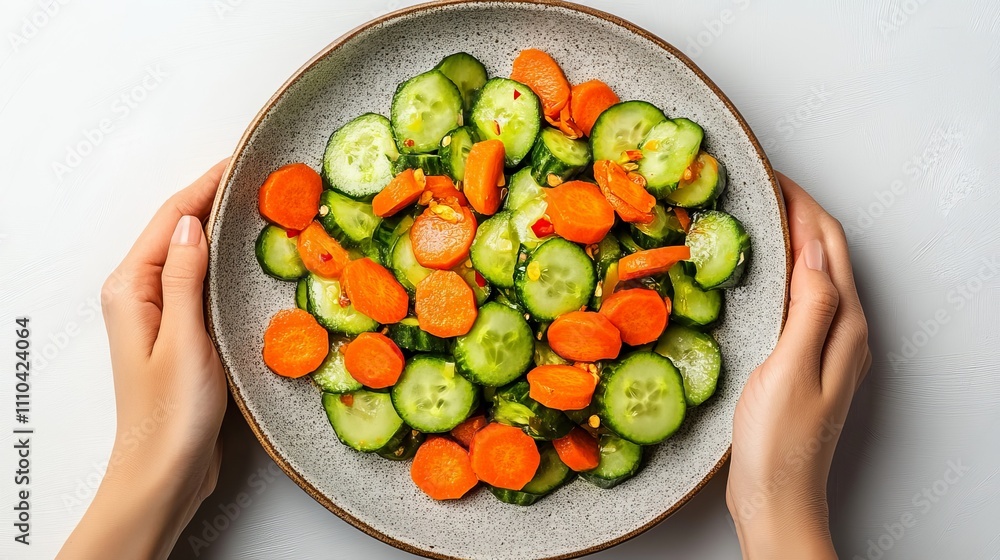 A vibrant salad of sliced cucumber and carrot in a bowl, showcasing fresh ingredients. A vibrant salad of sliced cucumber and carrot in a bowl, showcasing fresh ingredients.