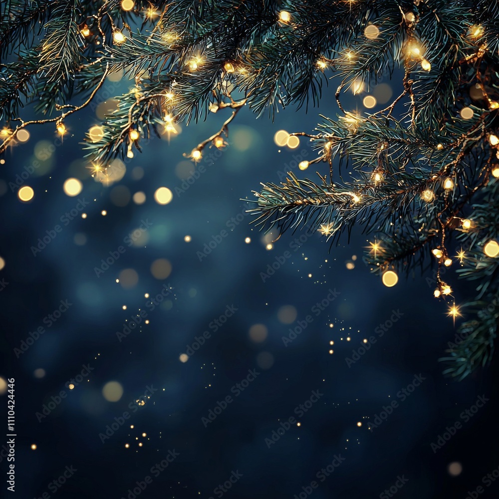 Fototapeta premium Festive fir branches with warm lights and bokeh, winter holiday background.