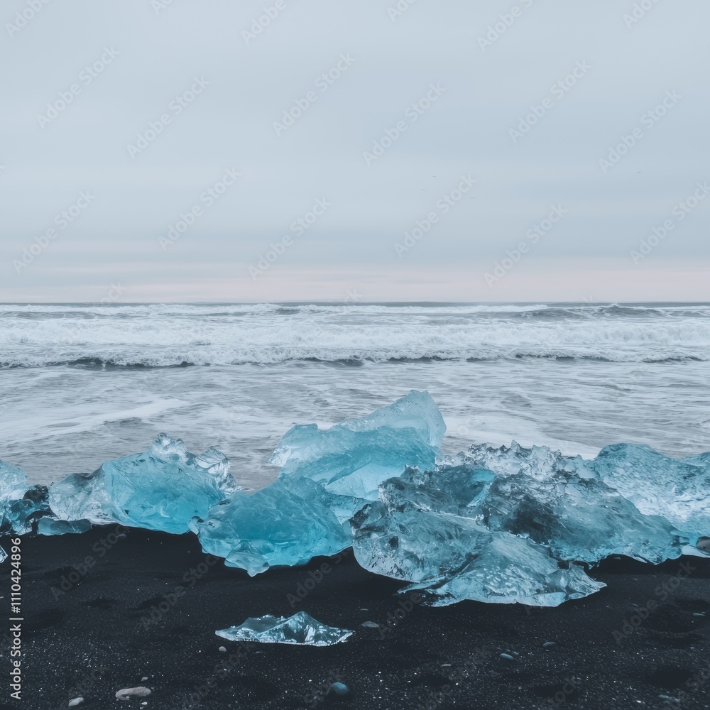 Glacial Ice Chunks on Black Sand Beach Coastal Scene Glacial Ice Chunks on Black Sand Beach Coastal Scene