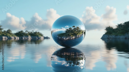 Mirrored sphere reflecting serene island landscape.