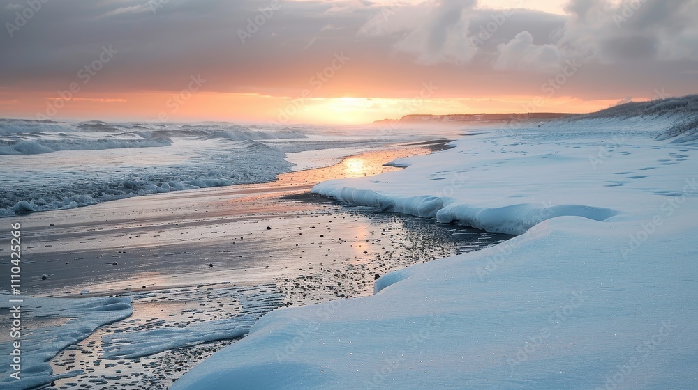 A serene winter beach scene with icy shores reflecting a colorful sunset over the ocean horizon. A serene winter beach scene with icy shores reflecting a colorful sunset over the ocean horizon.