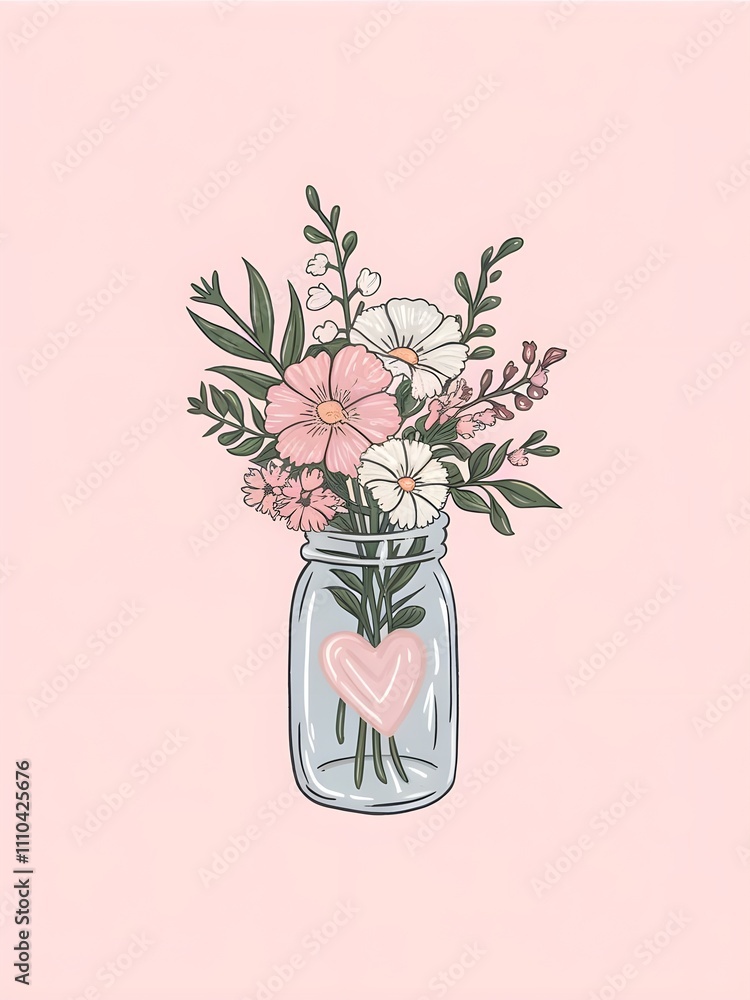 Obraz premium Pastel clear glass jar filled with a bouquet of flowers with heart shaped design 