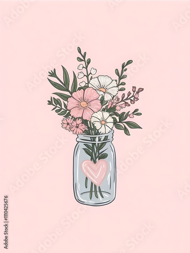 Pastel clear glass jar filled with a bouquet of flowers with heart shaped design 