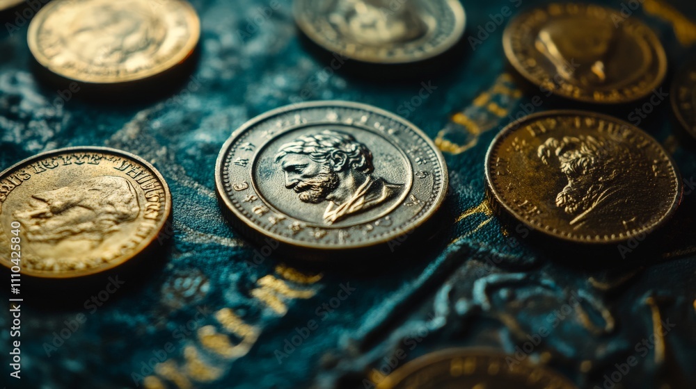 Antique Coins on Desk with Soft Lighting and Detail Antique Coins on Desk with Soft Lighting and Detail