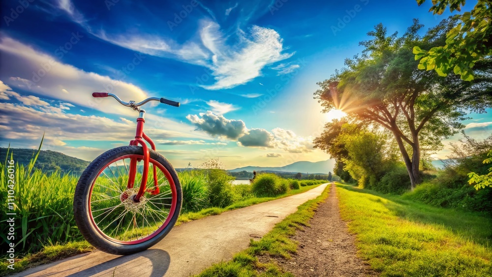 Obraz premium Unique One Wheel Bicycle on a Scenic Pathway with Lush Greenery and Bright Blue Sky, Perfect for Showcasing Adventure, Fun, and Outdoor Activities in a Vibrant Setting