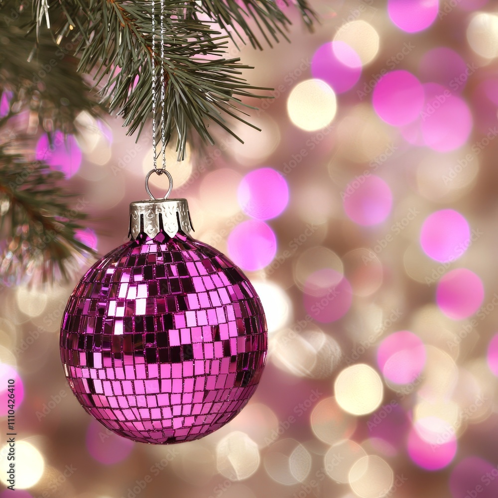 Obraz premium Pink disco ball Christmas ornament hanging on a tree branch against a bokeh background.