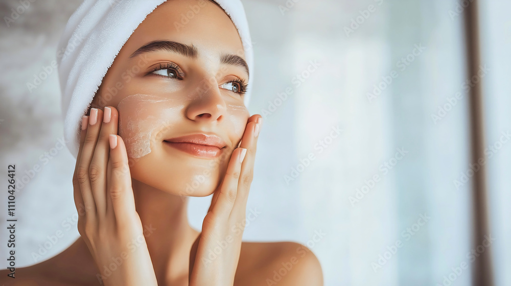 Young woman smiling while applying moisturizing cream during her skincare routine at home Young woman smiling while applying moisturizing cream during her skincare routine at home