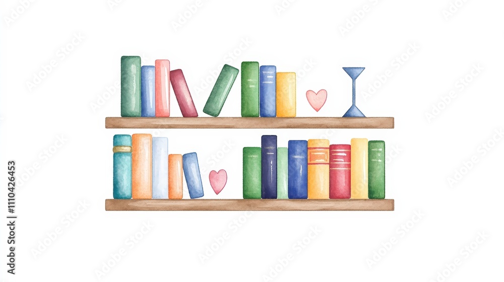 Naklejka premium Colorful Bookshelves with Hearts and a Glass for Cozy Surroundings