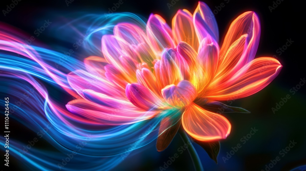 Vibrant neon flower with glowing trails.