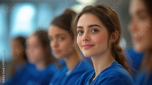 Young woman in focus among peers wearing blue shirts in a classroom setting