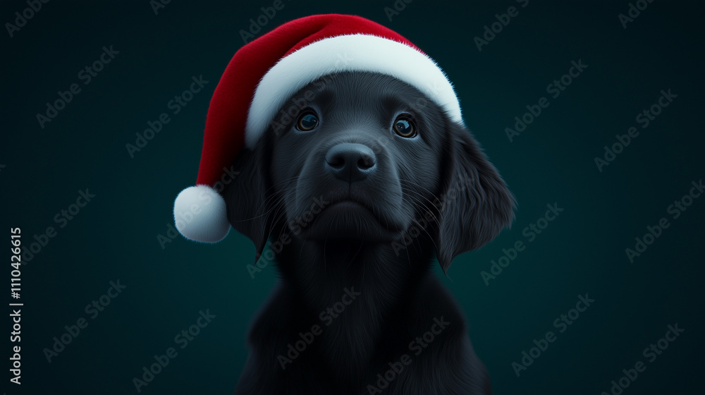 Cute black labrador puppy wearing a Santa hat Cute black labrador puppy wearing a Santa hat