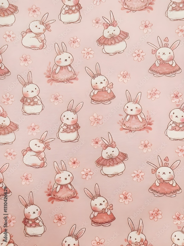 Pattern of cute, animated bunnies and flowers. artwork. light pink Pattern of cute, animated bunnies and flowers. artwork. light pink