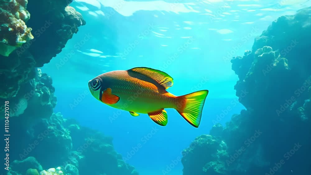 Colorful Tropical Fish Swimming Gracefully in Vibrant Underwater Coral Reef Scene. Concept of Marine Life, Ocean Exploration, Aquatic Beauty, and Underwater Ecosystem.