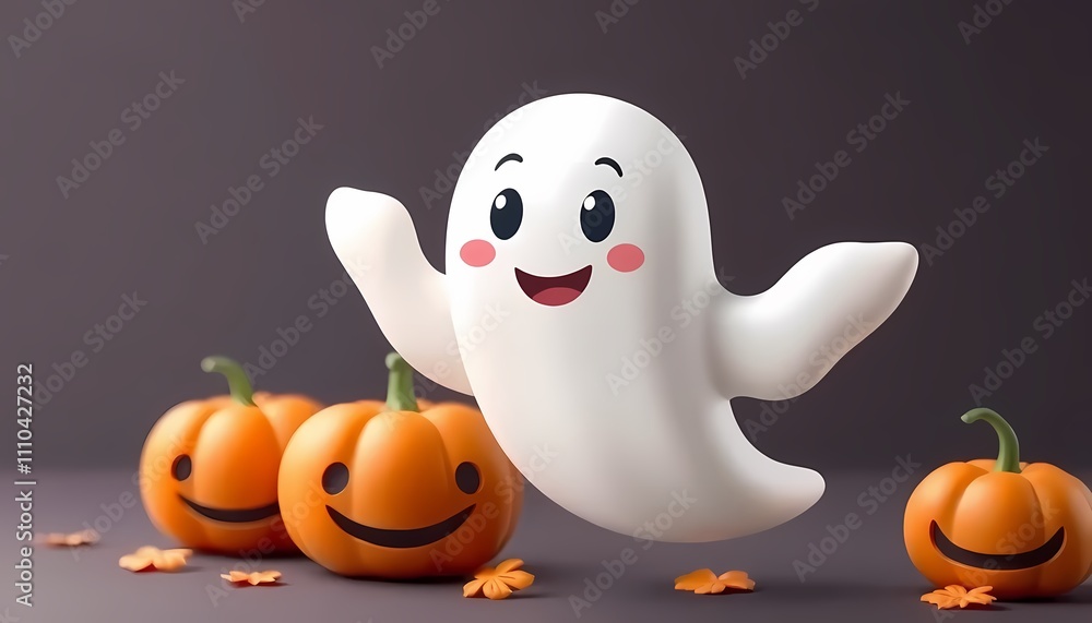 Cute Friendly 3D Ghost for Halloween Banner or Party Invitation Cute Friendly 3D Ghost for Halloween Banner or Party Invitation
