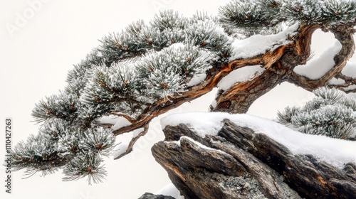 A single pine branch, tinged with green and covered in snow, isolated on white. photo