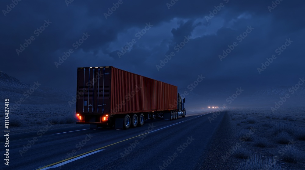 A cargo truck's light trail on the highway is depicted with motion blur through long exposure.