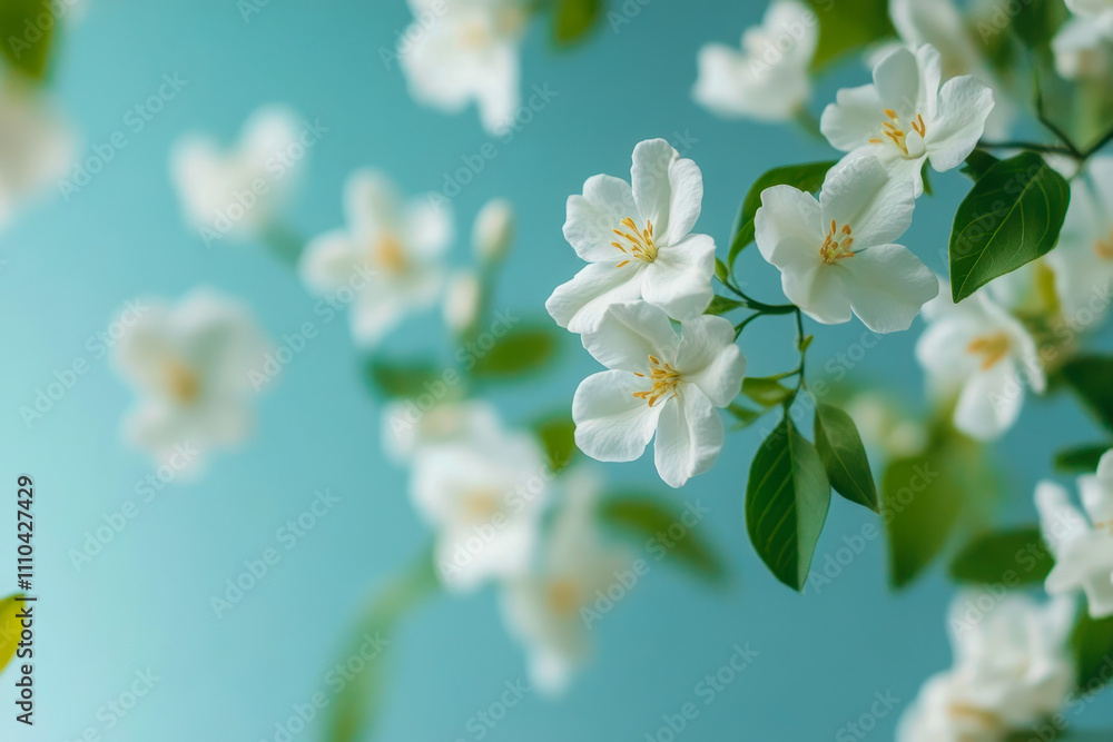 Obraz premium Delicate White Jasmine Flowers Against a Soft Blue Background
