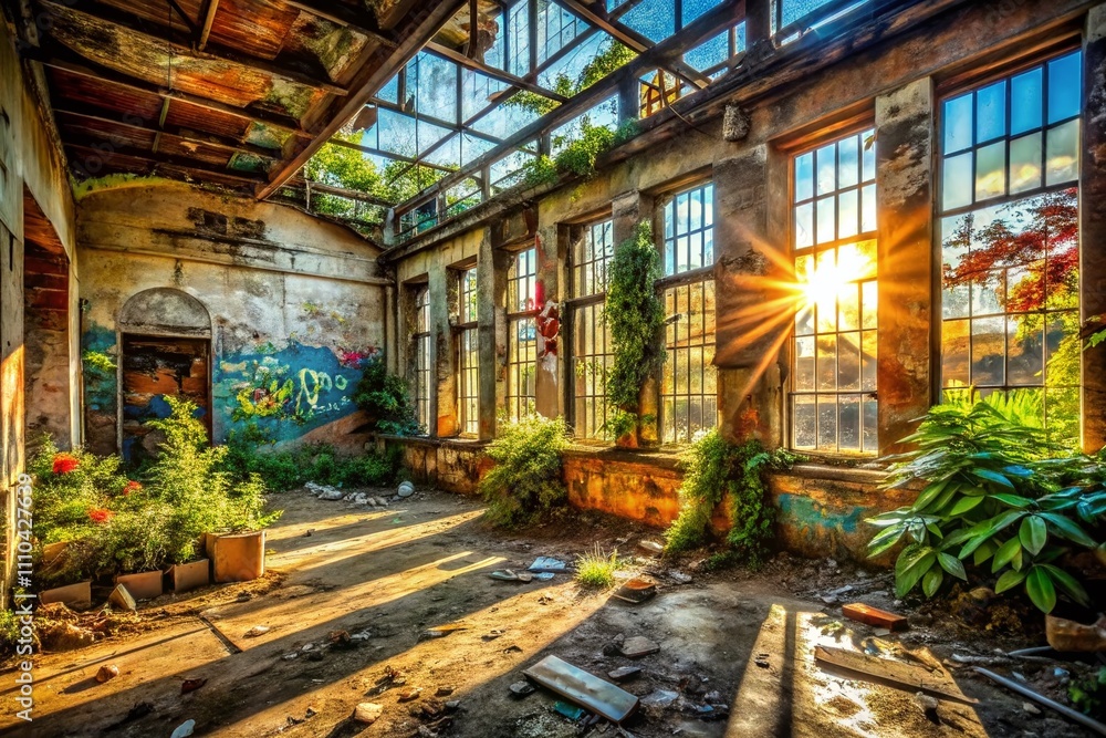 Fototapeta premium Urban Exploration Photography Featuring Abandoned Buildings and Urban Decay, Capturing the Essence of Forgotten Spaces and the Beauty of Nature Reclaiming Structures