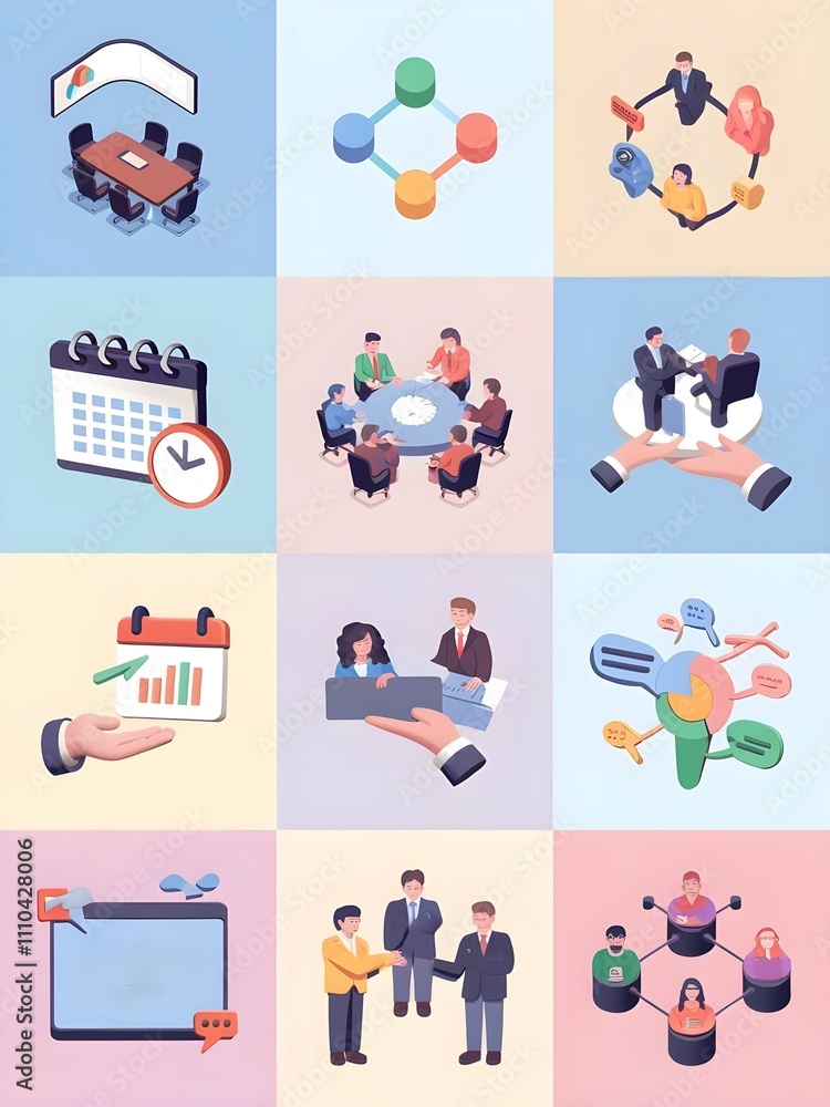 Vector icons set steps and procedures for working correctly. meeting room icon with a conference networking icon with interconnected nodes Vector icons set steps and procedures for working correctly. meeting room icon with a conference networking icon with interconnected nodes