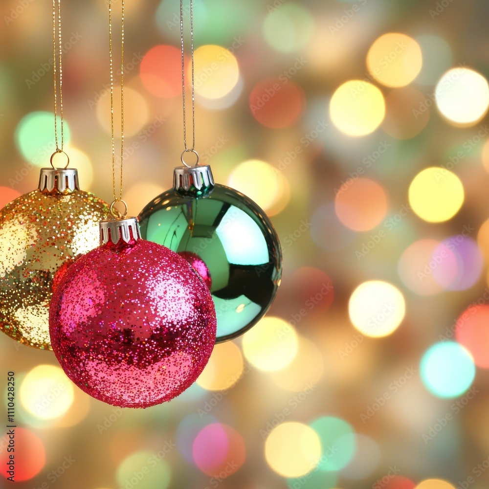 Fototapeta premium Three hanging Christmas ornaments; gold, pink, green; bokeh background.