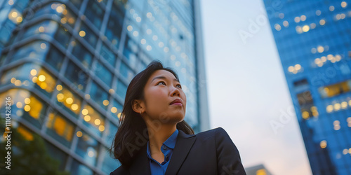 Asian female young professional in urban business district with skyscrapers photo