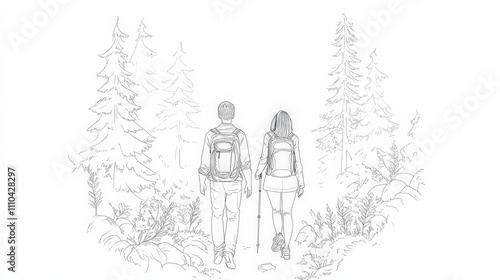 Couple Hiking in Forest Line Art Illustration for Outdoor Adventure