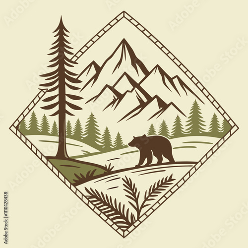 bear in a forest, a picture of a mountain with a bear on it