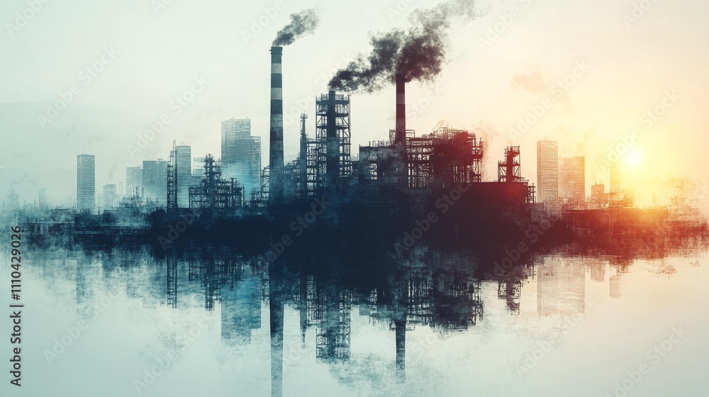 Obraz premium A factory silhouette with chimneys isolated on a white background. Generative AI