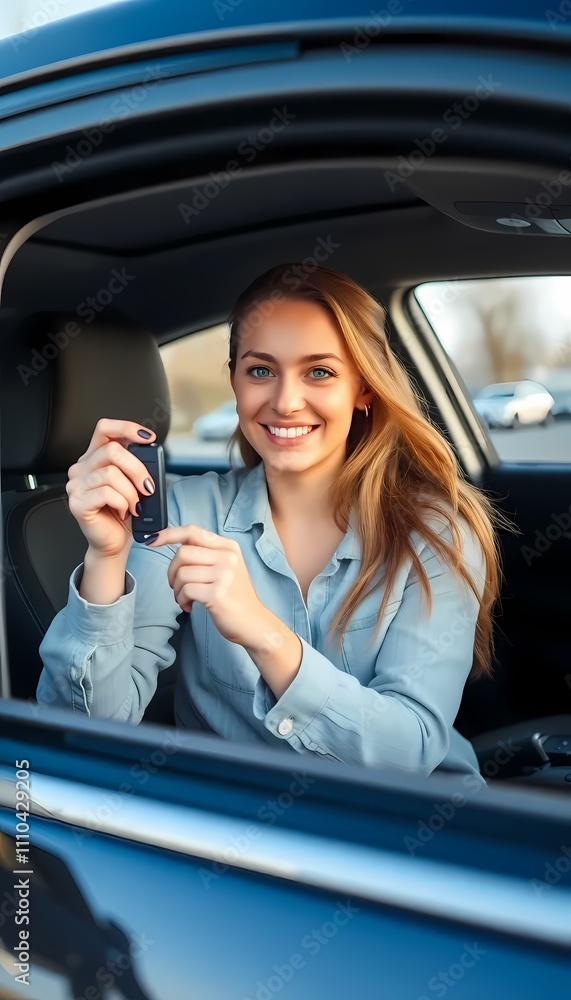 Happy European Woman Showing Car Keys in New Vehicle Happy European Woman Showing Car Keys in New Vehicle