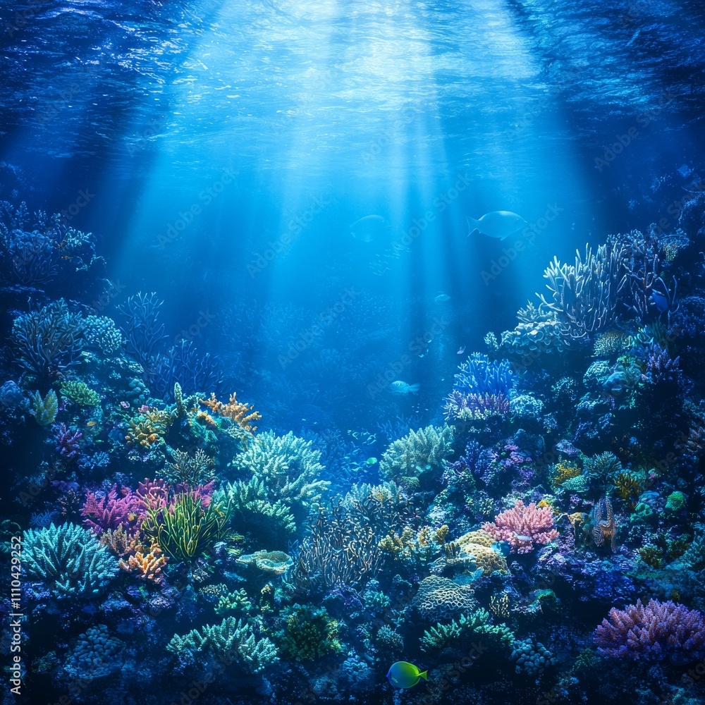 Naklejka premium Vibrant underwater coral reef scene with sunbeams.