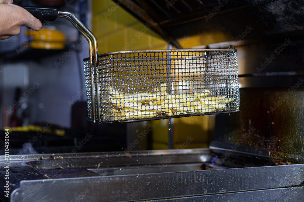 Hot, golden fries are pulled from an industrial fryer, their crispy texture glistening with oil. A satisfying moment that every fry enthusiast can appreciate.