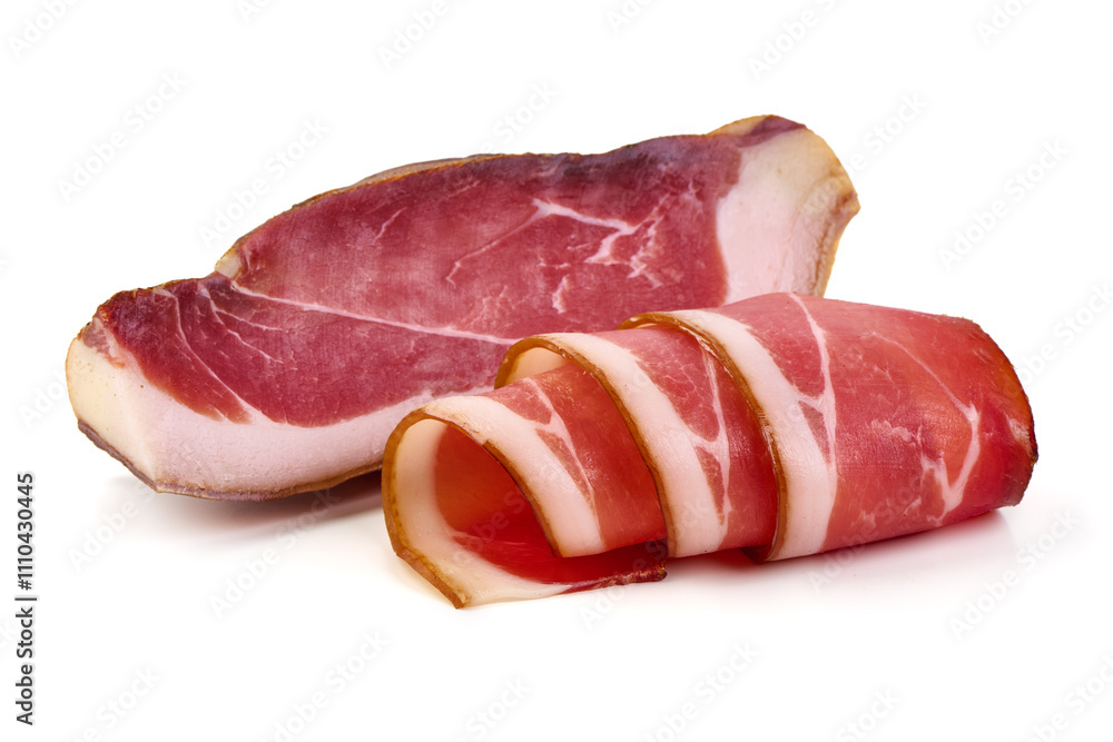 Obraz premium Italian prosciutto crudo or spanish jamon. Jerked meat, isolated on white background.