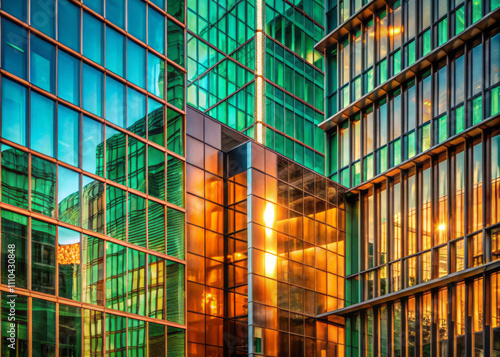 Modern glass buildings reflect vibrant colors at sunset, showcasing stunning blend of copper and emerald hues. architectural design highlights interplay of light and reflections photo