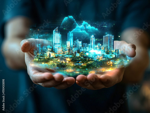 Futuristic Holographic Landscapes Held in Human Hands, Highlighting the Connection Between Technology, Nature, and Innovation in a Vibrant Scene photo