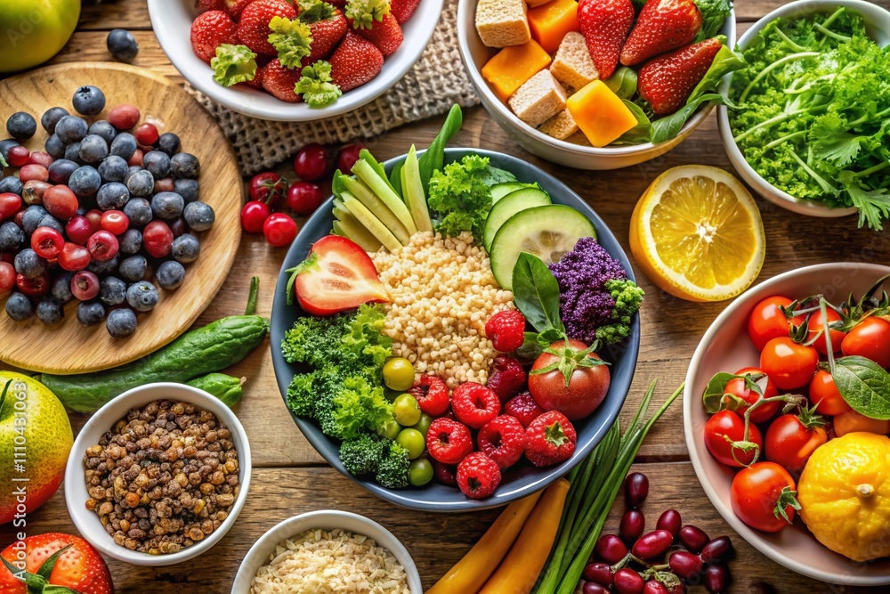 Vibrant and Nutritious Meal Spread Showcasing Fresh Vegetables, Fruits, and Whole Grains for a Healthy Lifestyle and Balanced Diet in a Colorful Arrangement Vibrant and Nutritious Meal Spread Showcasing Fresh Vegetables, Fruits, and Whole Grains for a Healthy Lifestyle and Balanced Diet in a Colorful Arrangement