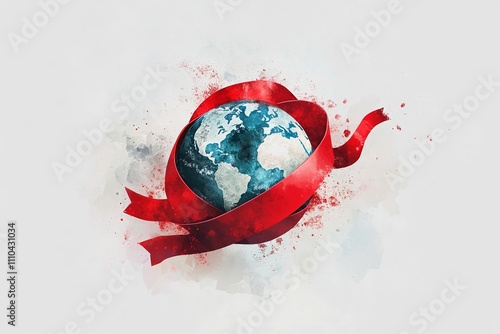 'World AIDS Day' Text with Artistic Globe Wrapped in a Red Ribbon, Symbolizing Global Solidarity photo