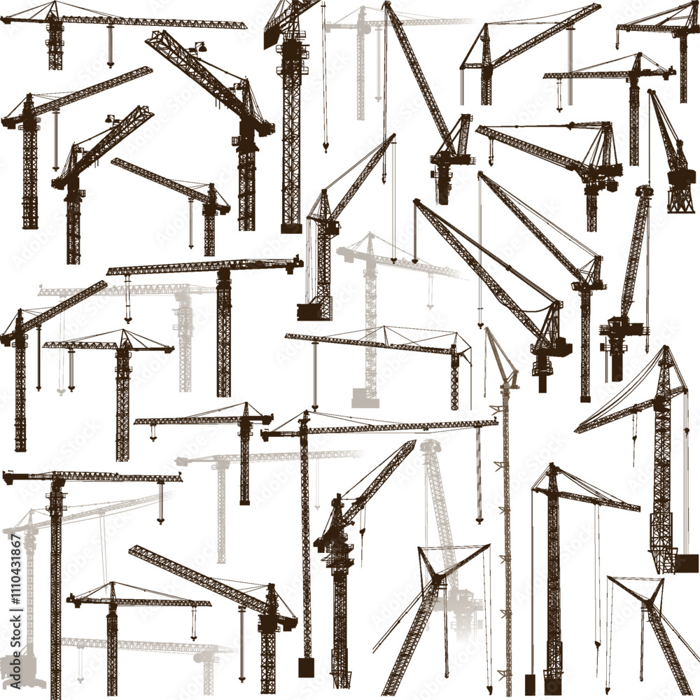 thirty eight building cranes silhouettes on white thirty eight building cranes silhouettes on white