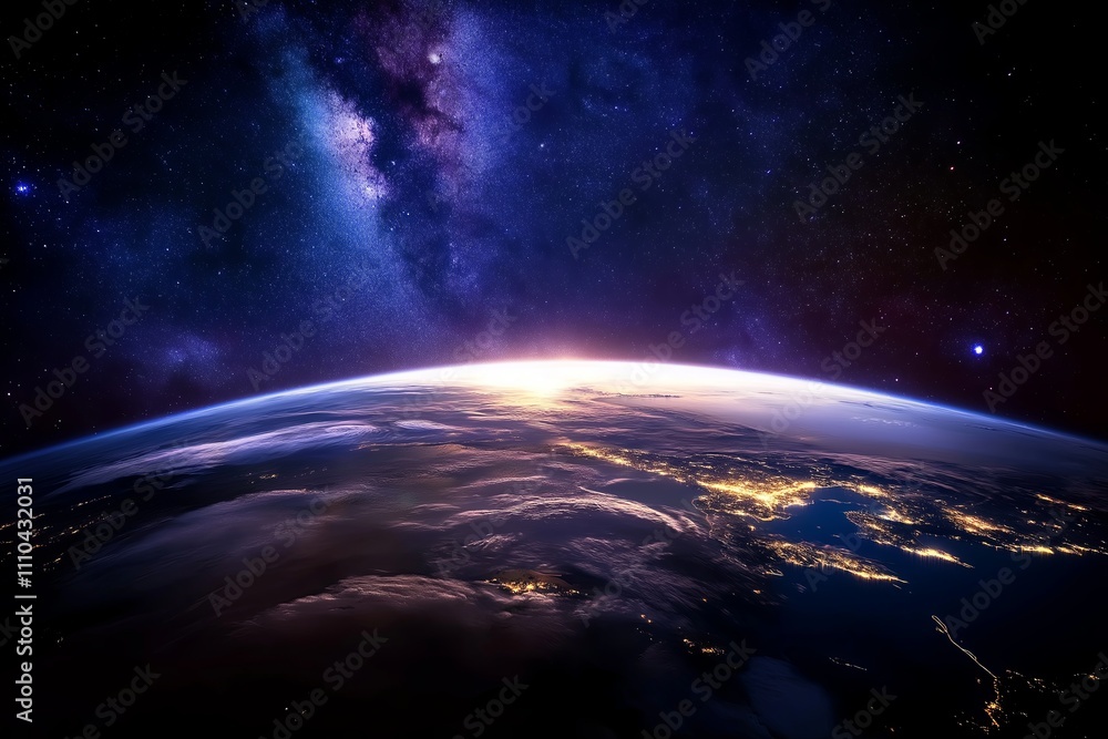 Obraz premium A view of Earth from space with the Milky Way in the background and city lights visible on the surface.