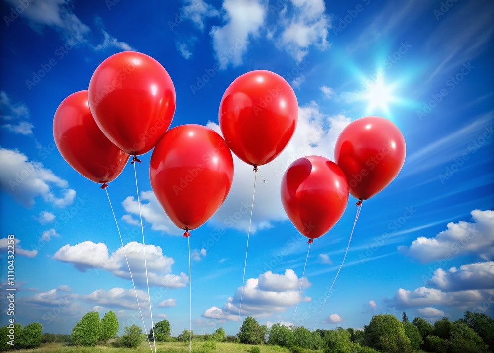 Vibrant Candid Photography of Six Red Balloons Floating Against a Bright Sky, Capturing the Joy of Celebration and Playfulness in a Colorful Outdoor Setting Vibrant Candid Photography of Six Red Balloons Floating Against a Bright Sky, Capturing the Joy of Celebration and Playfulness in a Colorful Outdoor Setting
