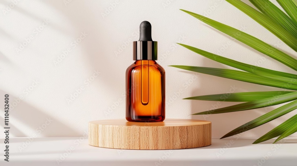 A premium skincare oil bottle placed on a polished wooden podium, with a focus on natural ingredients like leaves and oils A premium skincare oil bottle placed on a polished wooden podium, with a focus on natural ingredients like leaves and oils