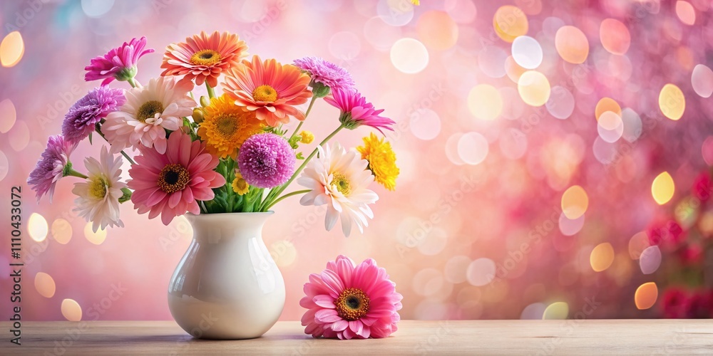 Vibrant Display of Colorful Flowers in a White Vase Set Against a Soft Pink Background with Bokeh Effect for a Fresh and Inviting Home Decor Aesthetic Vibrant Display of Colorful Flowers in a White Vase Set Against a Soft Pink Background with Bokeh Effect for a Fresh and Inviting Home Decor Aesthetic