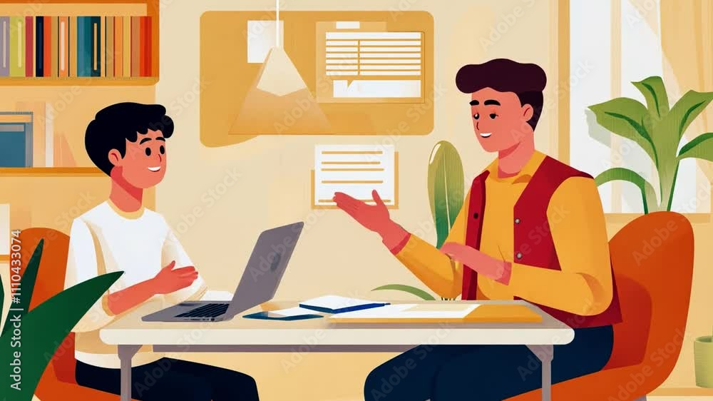Two businessmen working together at office desk using laptop and taking notes during meeting Two businessmen working together at office desk using laptop and taking notes during meeting